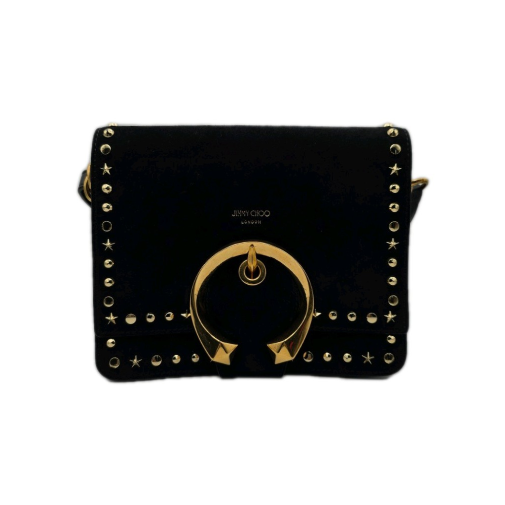 Jimmy Choo Madeline Shoulder Bag Black Suede Star Studded Gold Trim image 0