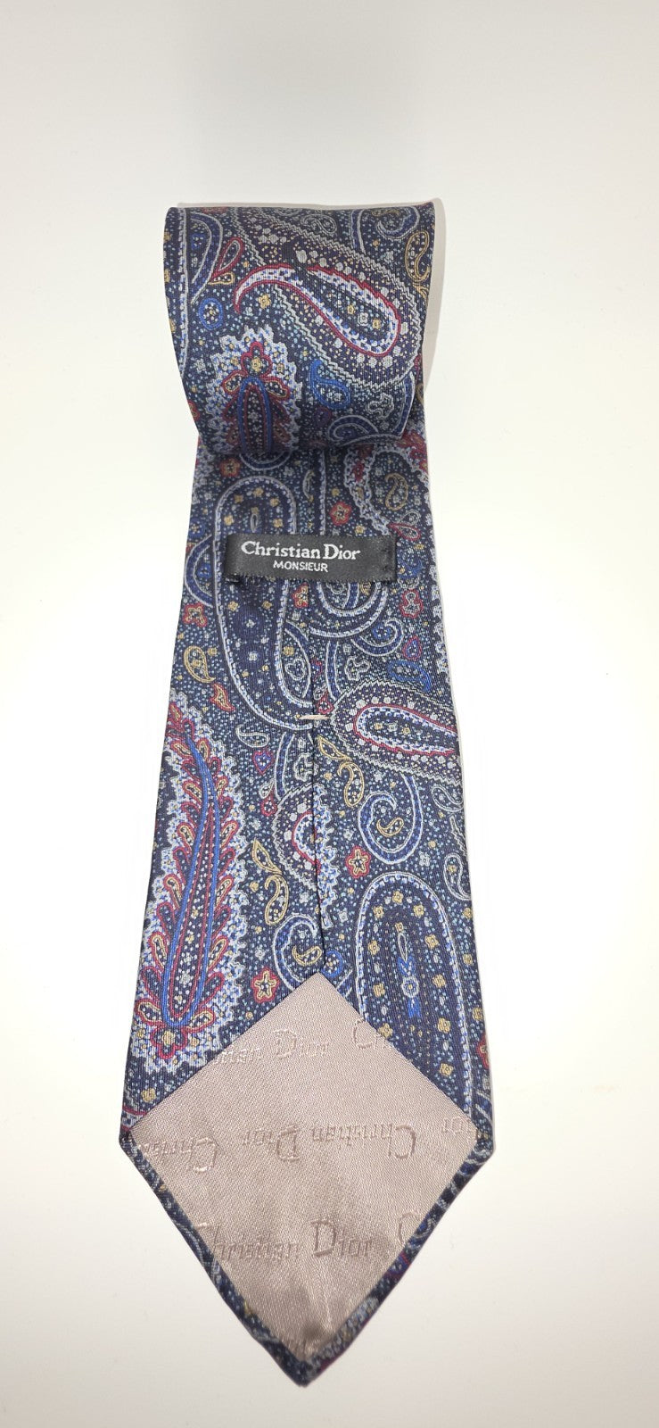 Christian Dior Monsieur Men's USA Made 100_ Silk Paisley Tie Red Blue Vintage image 2